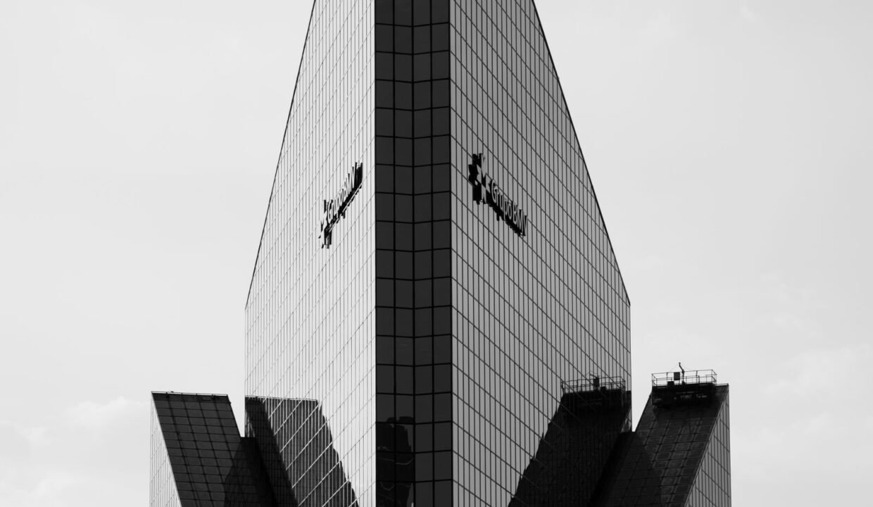 Symmetrical high office building in a city business district