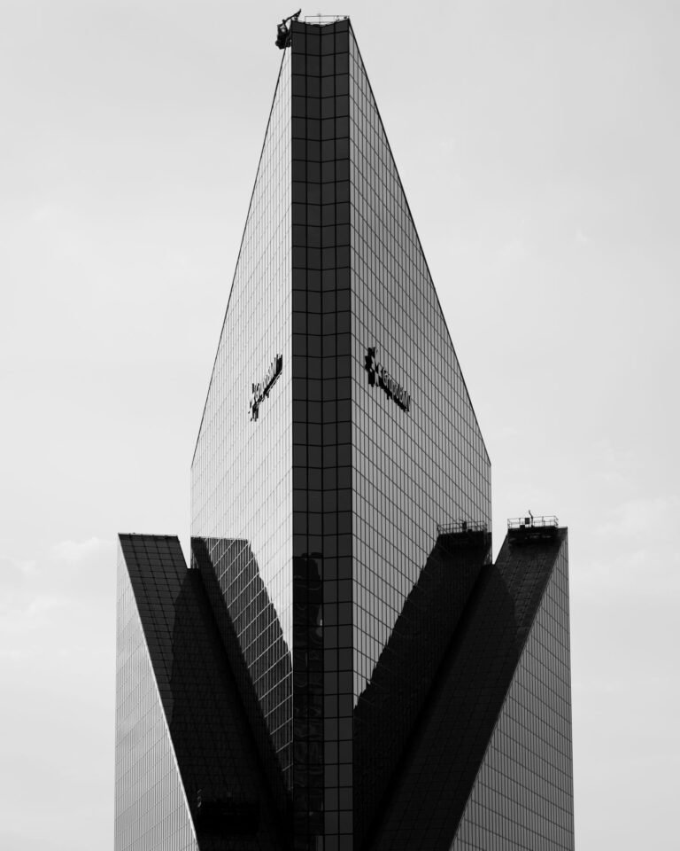 Symmetrical high office building in a city business district
