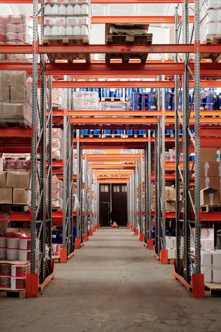Modern warehouse interior with organized shelves and pallets for storage
