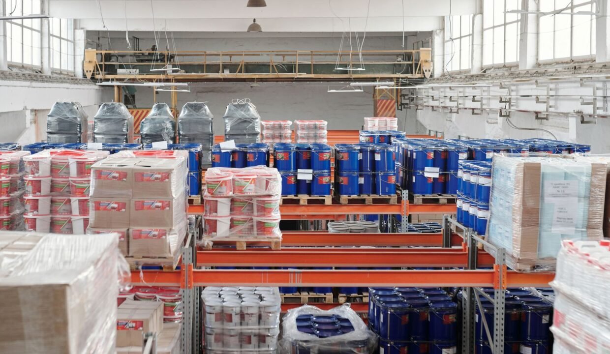 Large warehouse interior with organized goods on shelves